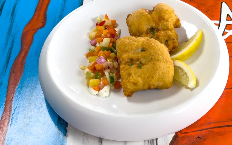 PalmBeach Tropical Restaurant | Golden Cod Fillet with Sweet and Sour Fruit Garden | battered and fried cod fillet served with a mixed fruit salad in a sweet and sour dressing